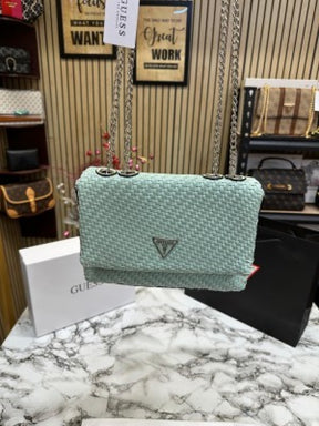 GUESS CESSILY LEATHER WEAVING SHOULDER BAG WITH OG BOX AND DUST BAG AND CARRY BAG (LIGHT GREEN)
