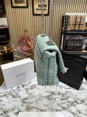 GUESS CESSILY LEATHER WEAVING SHOULDER BAG WITH OG BOX AND DUST BAG AND CARRY BAG (LIGHT GREEN)