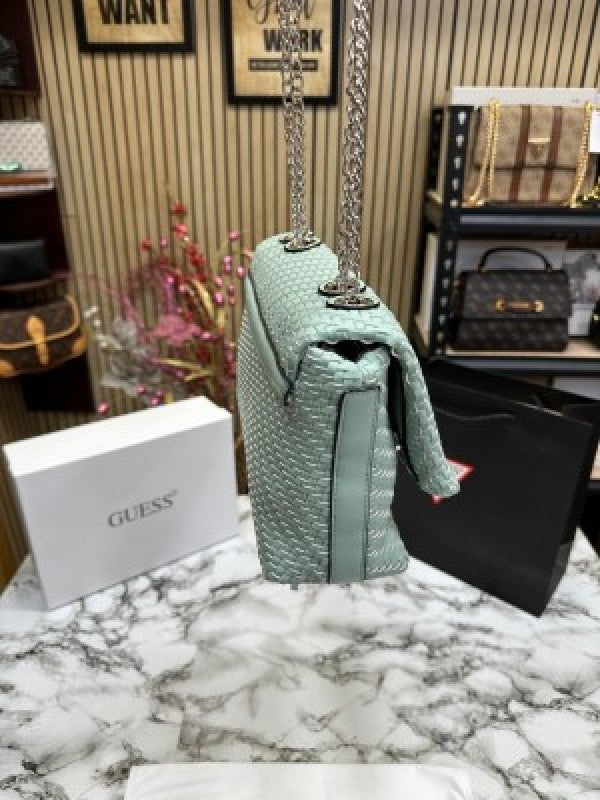 GUESS CESSILY LEATHER WEAVING SHOULDER BAG WITH OG BOX AND DUST BAG AND CARRY BAG (LIGHT GREEN)