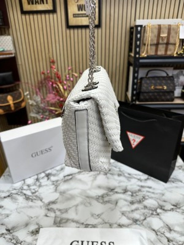 GUESS CESSILY LEATHER WEAVING SHOULDER BAG WITH OG BOX AND DUST BAG AND CARRY BAG (WHITE)