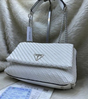 GUESS CESSILY LEATHER WEAVING SHOULDER BAG WITH OG BOX AND DUST BAG AND CARRY BAG (WHITE)