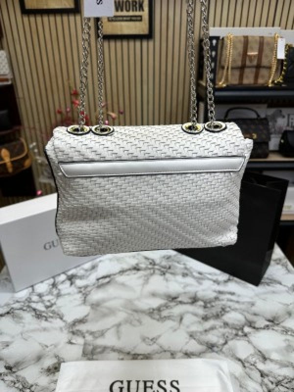 GUESS CESSILY LEATHER WEAVING SHOULDER BAG WITH OG BOX AND DUST BAG AND CARRY BAG (WHITE)