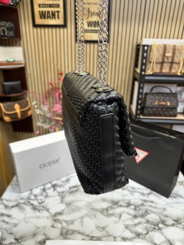 GUESS CESSILY LEATHER WEAVING SHOULDER BAG WITH OG BOX AND DUST BAG AND CARRY BAG (BLACK)