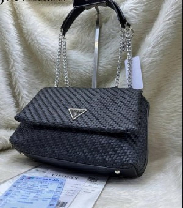 GUESS CESSILY LEATHER WEAVING SHOULDER BAG WITH OG BOX AND DUST BAG AND CARRY BAG (BLACK)
