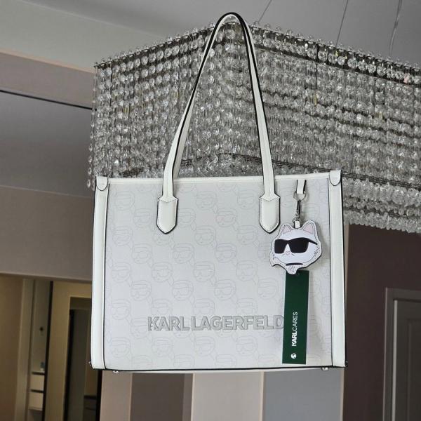 Karl Lagerfeld Textured Ikon Medium Structured Shoulder Bag White With Dust Bag