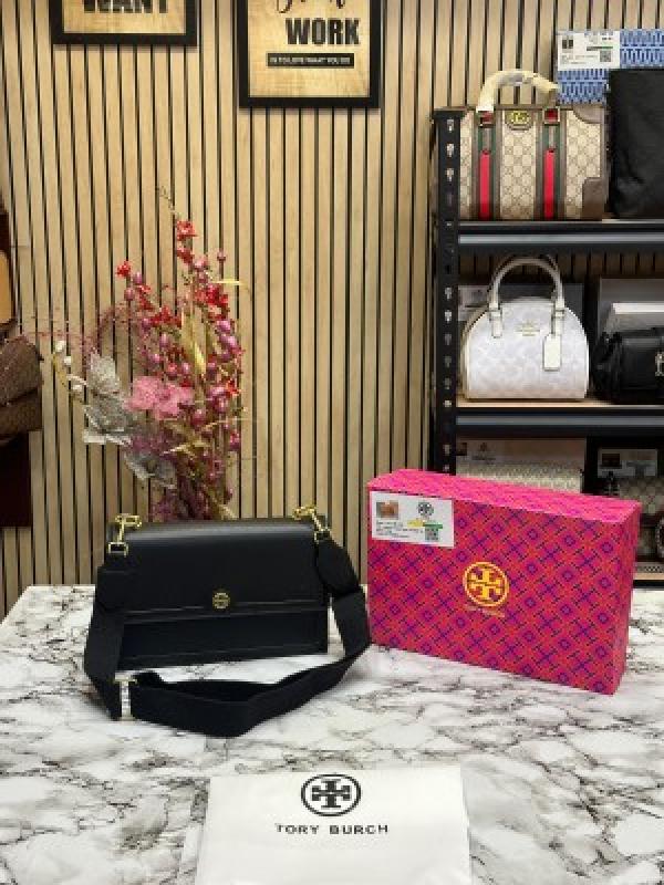 TOR  Y BURCH T MONOGRAM JACQUARD ADJUSTABLE STRAP WITH OG BOX DUST BAG (BLACK) DAMAGE BOX