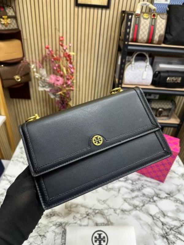 TOR  Y BURCH T MONOGRAM JACQUARD ADJUSTABLE STRAP WITH OG BOX DUST BAG (BLACK) DAMAGE BOX