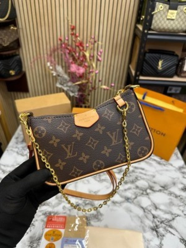 LOUIS  VUITTON EASY SLING CHAIN POUCH WITH OG DOUBLE MAGNETIC BOX PREMIUM QUALITY WITH CARRY BAG (BROWN)