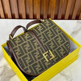 fendi  Boston  365  BrowN  FF  jacquard  Fabric  Bag  1477