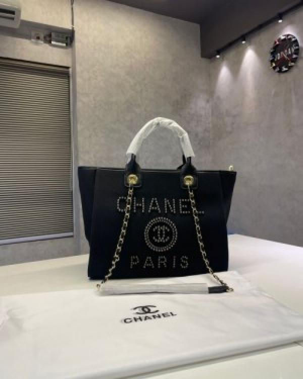 Chanel  deauville  pearl  canvas  tote  bag  black  220