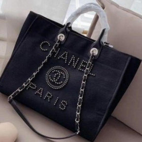 Chanel  deauville  pearl  canvas  tote  bag  black  220