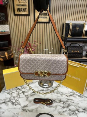 MICHAEL  KORS MK PARKER LEATHER SHOULDER BAG WITH OG BOX AND DUST BAG WITH SHOULDER STRAP WITH CARRY BAG (BIEGE BROWN)