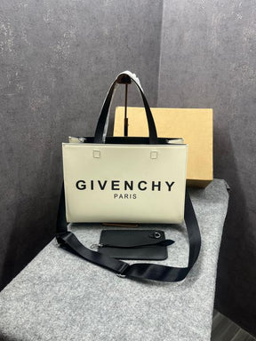 Givenchy G tote Logo Leather With Pouch Tote With OG Box & Dust Bag Beige Black 21345