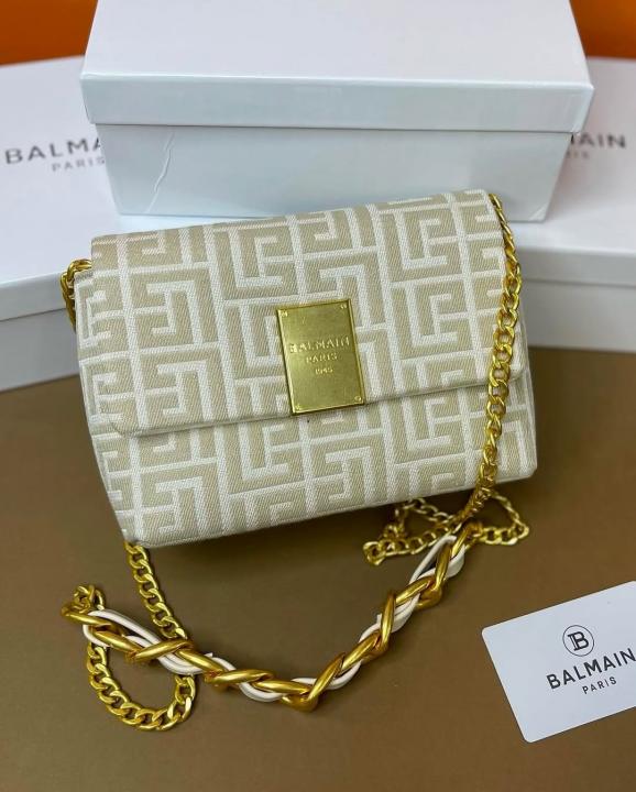 Balmain  1945  Soft  Mini  Bag  Jacquard  Monogram  With  OG  Box  &  Dust  Bag  Apricot  396
