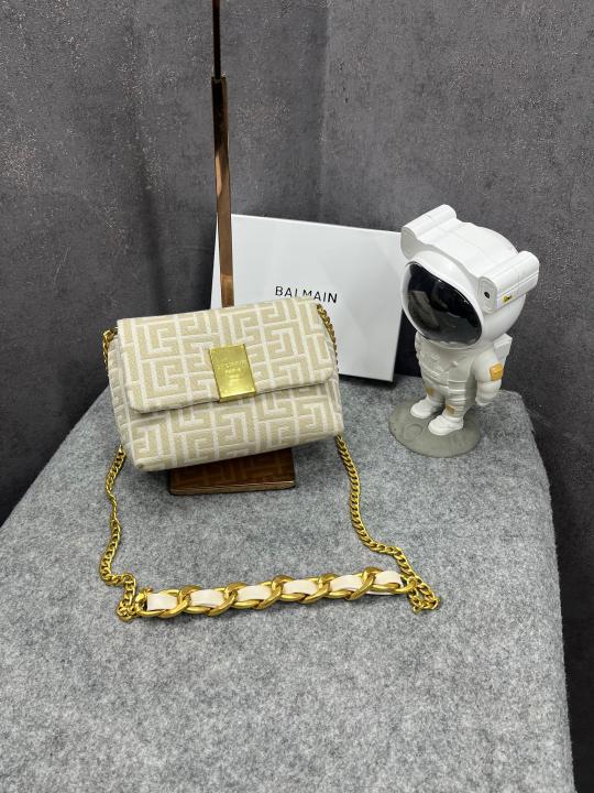 Balmain  1945  Soft  Mini  Bag  Jacquard  Monogram  With  OG  Box  &  Dust  Bag  Apricot  396