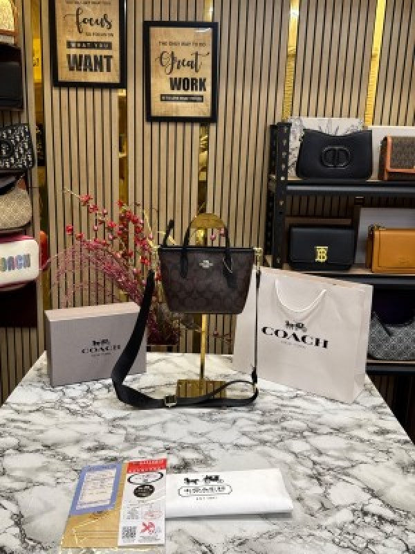 Coach  City  Mini  Tote  Bag  In  Signature  Canvas  With  Box  And  Dust  Bag  Including  CarryBag  (Coffee  Black)