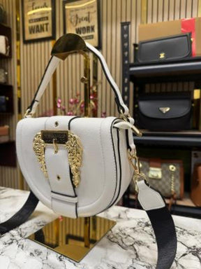 Versace leather shoulder bag with gold accents include magnetic closure bag (white)