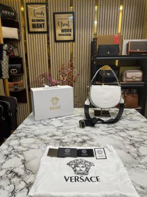Versace leather shoulder bag with gold accents include magnetic closure bag (white)