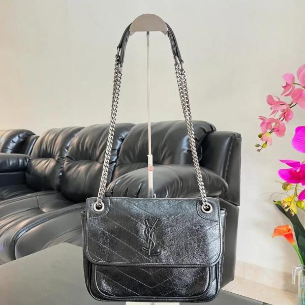 YSL  Saint  Laurent  Niki  Baby  Crinkle  Vintage  Leather  Black  With  OG  Box  &  Dust  Bag  6029
