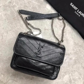 YSL  Saint  Laurent  Niki  Baby  Crinkle  Vintage  Leather  Black  With  OG  Box  &  Dust  Bag  6029
