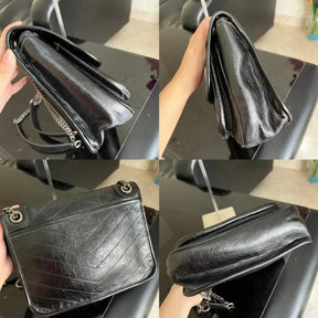 YSL  Saint  Laurent  Niki  Baby  Crinkle  Vintage  Leather  Black  With  OG  Box  &  Dust  Bag  6029