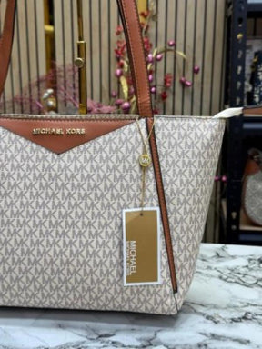 MICHAEL  KORS WHITNEY SIGNATURE SHOULDER BAG WITH DUST BAG PREMIUM QUALITY (BIEGE BROWN)
