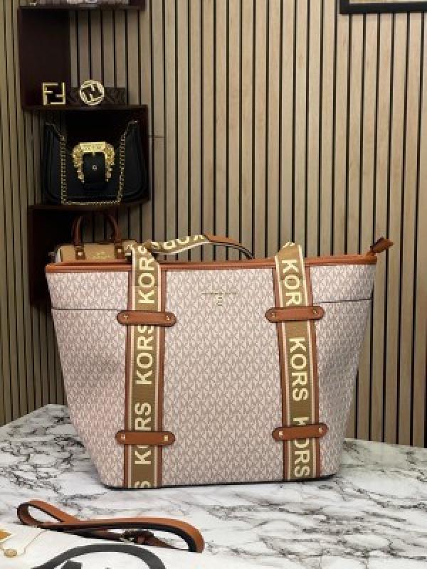 MICHAEL  KORS MAEVE SIGNATURE LOGO SMALL CONVERTIBLE OPEN TOTE WITH DUST BAG (BIEGE BROWN)