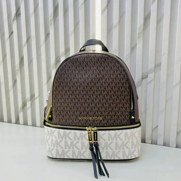 Michael  Kors  Rhea  Medium  Color Block  Brown  Logo  Backpack  Brown  13003  With  Dust  Bag