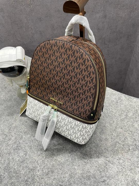 Michael  Kors  Rhea  Medium  Color Block  Brown  Logo  Backpack  Brown  13003  With  Dust  Bag