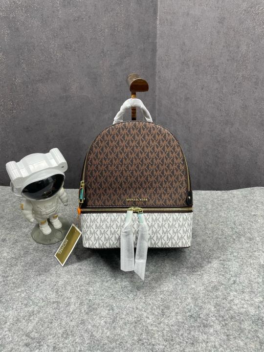 Michael  Kors  Rhea  Medium  Color Block  Brown  Logo  Backpack  Brown  13003  With  Dust  Bag