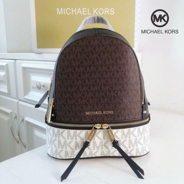 Michael  Kors  Rhea  Medium  Color Block  Brown  Logo  Backpack  Brown  13003  With  Dust  Bag