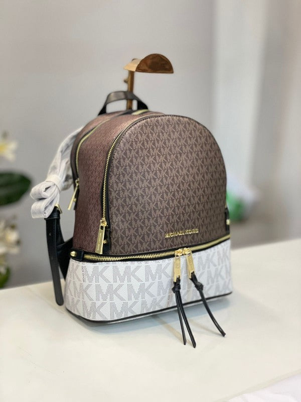 Michael  Kors  Rhea  Medium  Color Block  Brown  Logo  Backpack  Brown  13003  With  Dust  Bag