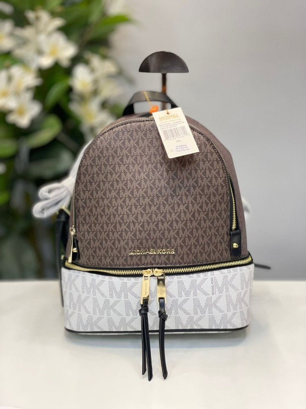 Michael  Kors  Rhea  Medium  Color Block  Brown  Logo  Backpack  Brown  13003  With  Dust  Bag