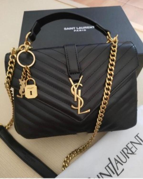YSL SAINT LAURENT Grain De Poudre Matelasse Chevron Medium Monogram Satchel Black with box 536 (5246)