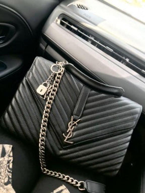 YSL SAINT LAURENT Grain De Poudre Matelasse Chevron Medium Monogram Satchel Black with box 536 (5246)