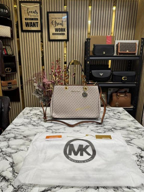 Michael  Kors Cynthia Signature Satchel Bag With Dust Bag (Biege)