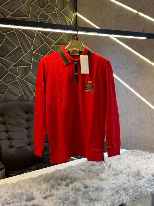 Gucci Red Embroidery Logo Full Sleeve Premium Polo T-Shirt (1884)