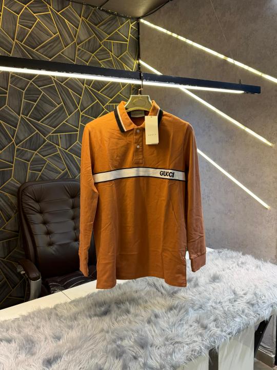 Gucci Light Brown Embroidery Logo Full Sleeve Premium Polo T-Shirt (1885)