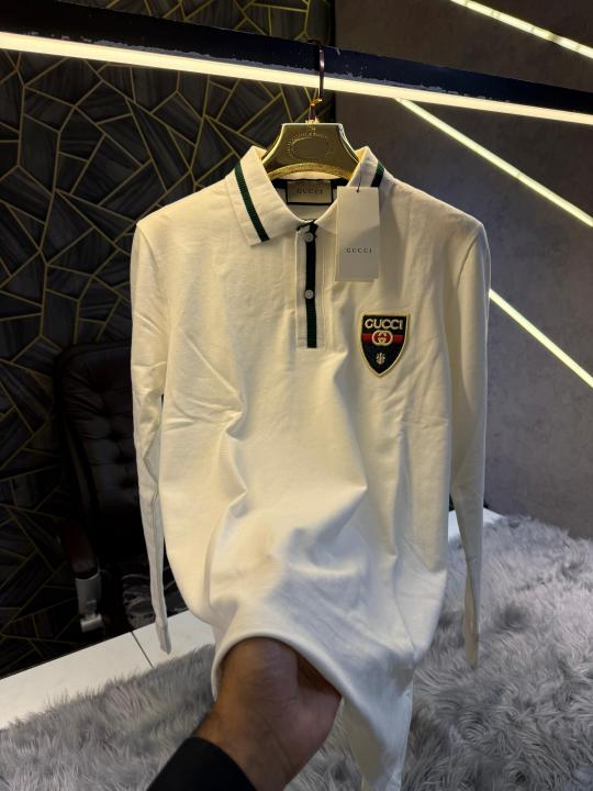 Gucci White Embroidery Logo Full Sleeve Premium Polo T-Shirt (1882)