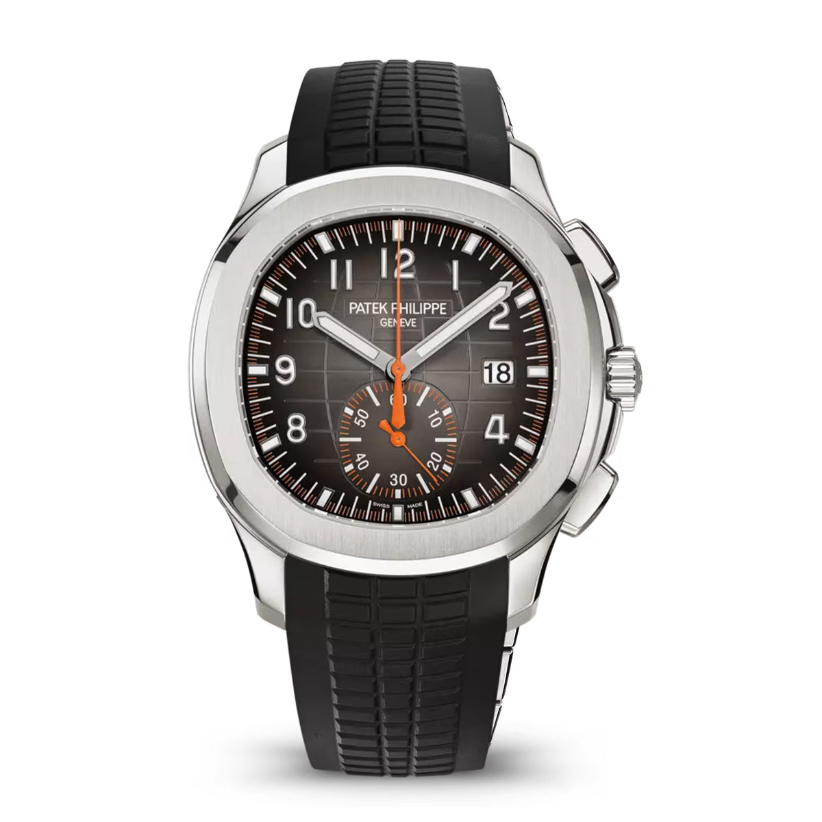 Patek Philippe watch with black strap and brown dial on a white background